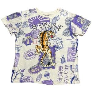 District Planet Boys Savage Graphic T-Shirt Size 14-16 Purple/Beige Tokyo Japan